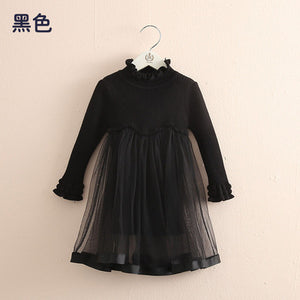 2019 Spring Autumn 2-6 8 10 Years Crew Neck Long Sleeve Solid Color Kids Baby Girls Mini Above Knee Sweater Lace Patchwork Dress