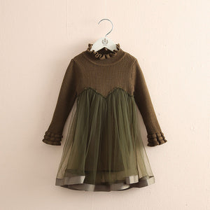 2019 Spring Autumn 2-6 8 10 Years Crew Neck Long Sleeve Solid Color Kids Baby Girls Mini Above Knee Sweater Lace Patchwork Dress